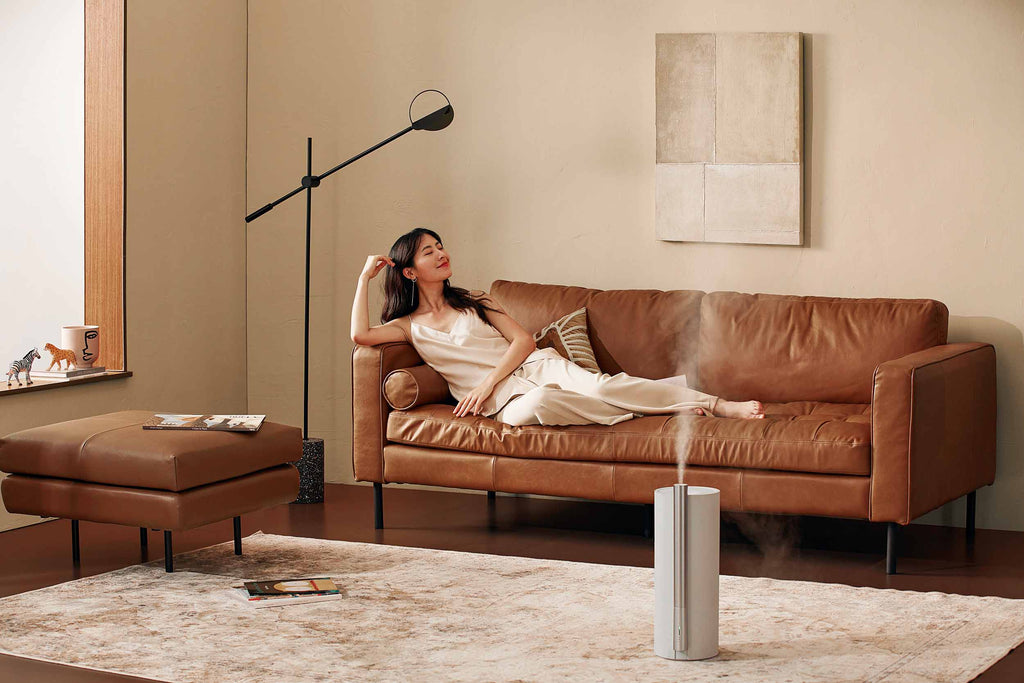 AirExchange luchtreiniger in woonkamer met dame op bankstel
