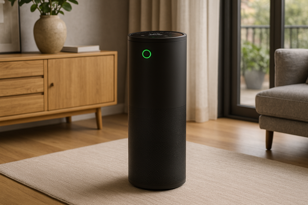 zwarte luchtreiniger in een woonkamer met vloerkleed