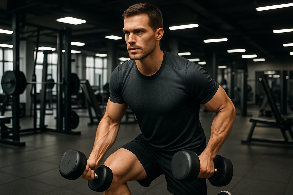 Gezonde, sportieve man in de sportschool met dumbells