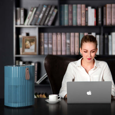 Dame aan bureau met AirExchange 150‑T, fluisterstille luchtreiniger, voor schone lucht en betere slaap, blauw