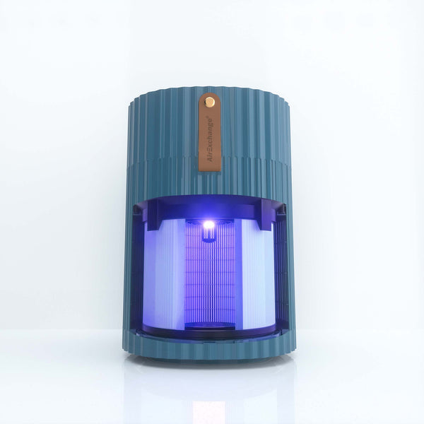 AirExchange 150‑T, fluisterstille luchtreiniger voor in de slaapkamer, voor schone lucht en betere slaap, blauw, met zichtbaar binnenfilter