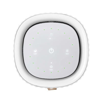 AirExchange 150‑T, fluisterstille luchtreiniger voor in de slaapkamer, voor schone lucht en betere slaap, wit, van bovenaf met display