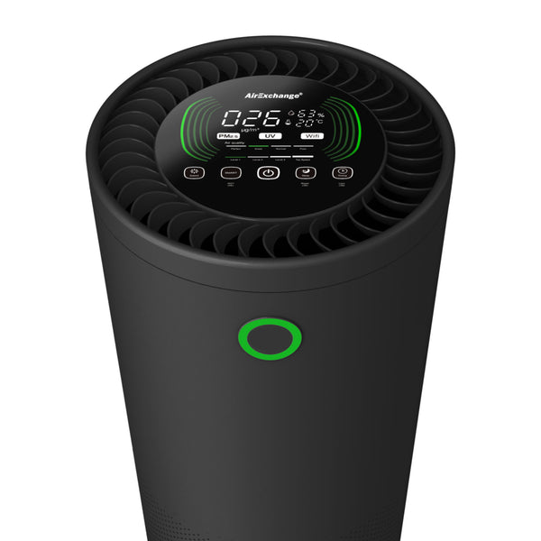 AirExchange 600-T luchtreiniger voor de slaapkamer met HEPA-filter, zwart, met display, zijkant
