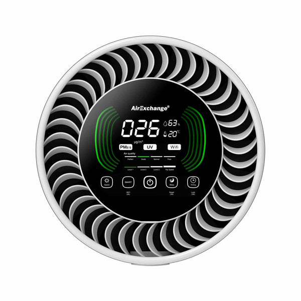 AirExchange 600‑T luchtreiniger slaapkamer met HEPA‑H14‑filter, display