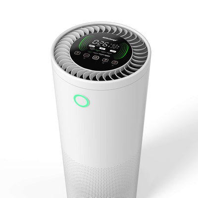 AirExchange 600‑T luchtreiniger slaapkamer met HEPA‑H14‑filter, wit, met display, zijaanzicht
