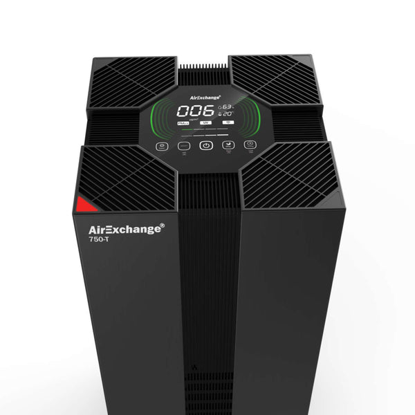Atherra AirExchange 750‑T luchtreiniger met HEPA‑filter, voor beste luchtreiniging, kleur zwart, bovenkant, met display