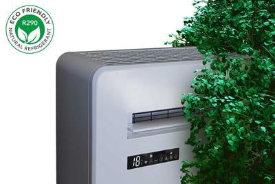 AirExchange monoblock warmtepomp, kleur wit, linker bovenkant, met eco friendly certificaat
