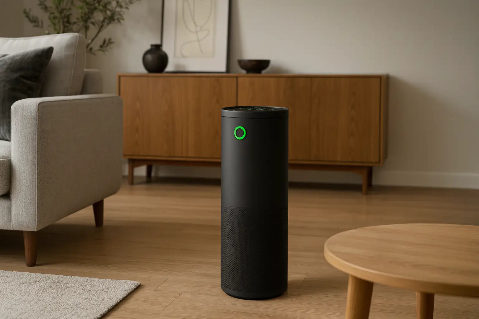 Zwarte luxe luchtreiniger in een modern interieur met houten meubels en stijlvolle woonkamer