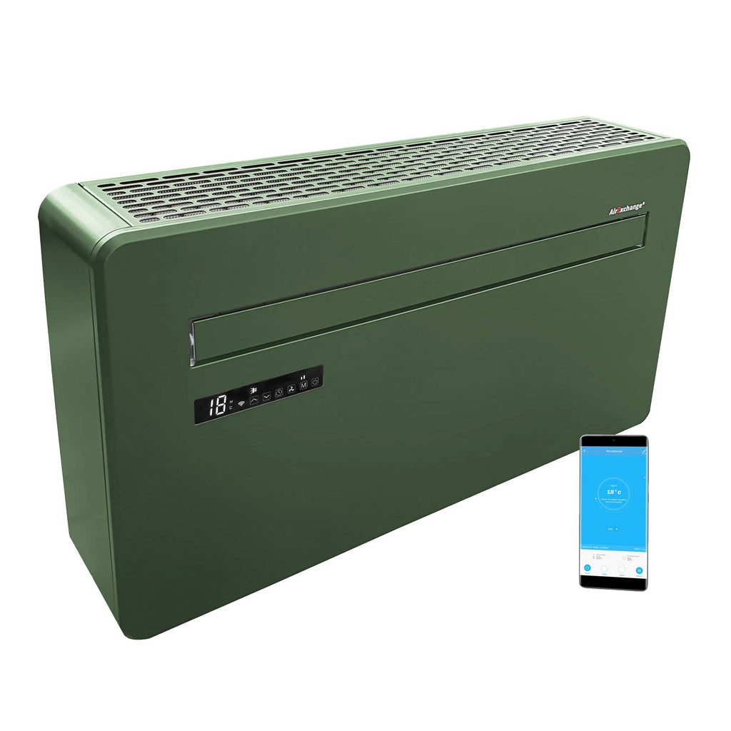 Groene AirExchange monoblock zonder buitenunit met smartphone bediening