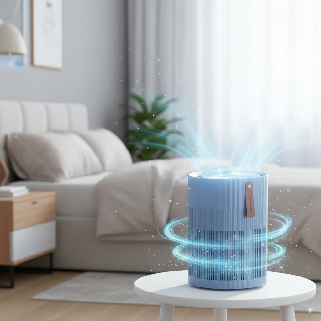 Blauwe luchtreiniger AirExchange 600 slaapkamer 