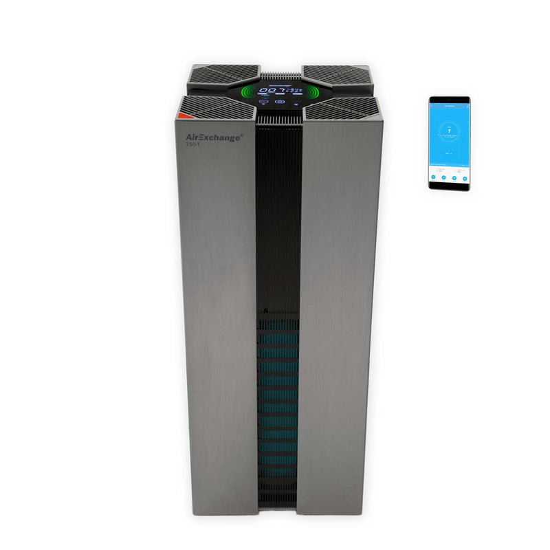 Atherra AirExchange 750‑T luchtreiniger met HEPA‑filter voor beste luchtreiniging, kleur grijs, met app.